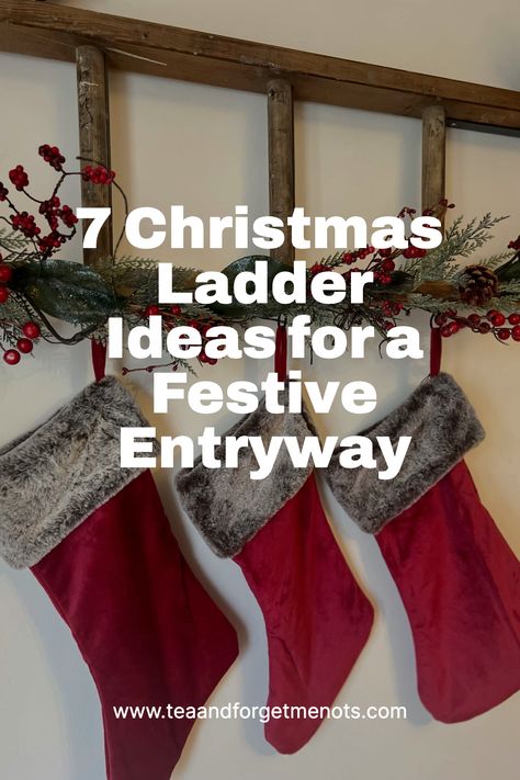 7 Christmas Ladder Ideas for a Festive Entryway Holiday Ladder Decor, Blanket Ladder Christmas Decor, Stockings On Ladder, How To Decorate A Ladder, Ladder Decor Living Room, Christmas Ladder Decorations, Ladder Christmas Decor, Christmas Ladders Ideas, Farmhouse Ladder Decor