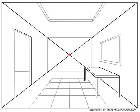 Easy Perspective, Room In 1 Point Perspective, Room 1 Point Perspective, Room Drawing One Point Perspective, How To Draw Rooms, 1 Point Perspective Room, How To Draw A Room, 1 Point Perspective Drawing Room, One Point Perspective Room Drawing Interior Design