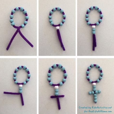 Create this easy and inexpensive Rosary craft with Catholic kids as a way to introduce the basic parts of a Rosary. Rosary Craft, Ccd Crafts, Catholic Kids Crafts, Catholic Kids Activities, Catholic Schools Week, Catholic Education, Catholic Crafts, Religious Crafts, Bible School Crafts