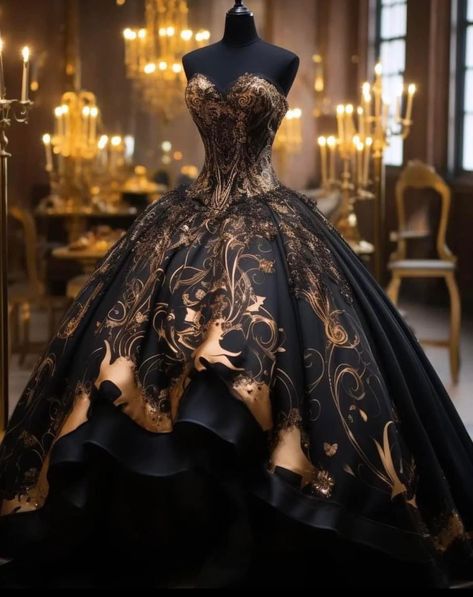 Black And Gold Masquerade Dress, Black And Gold Ball Gown, Mascarade Dresses, Black Wedding Gowns, Expensive Dresses, Gothic Wedding Dress, Gold Wedding Dress, Dream Wedding Ideas Dresses, Fantasy Gowns