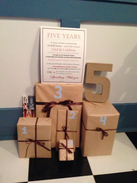 5 year anniversary.  1 gift that reminds you of each year of marriage!  My husband loved this! 5th Anniversary Gift Ideas, Anniversary Gift Ideas For Him, Wedding Husband, Veil Updo, 5th Wedding Anniversary Gift, Five Year Anniversary, Diy Anniversary Gift, Romantic Anniversary Gifts, 5 Year Anniversary Gift