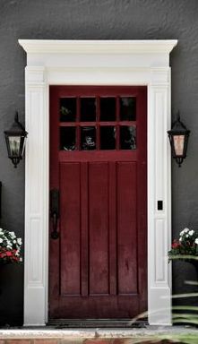 Burgundy Door, Colonial Front Door, Door Pediment, Door Colour, Grey House, Colonial Style Homes, Exterior Front Doors, Door Molding, Front Door Colors