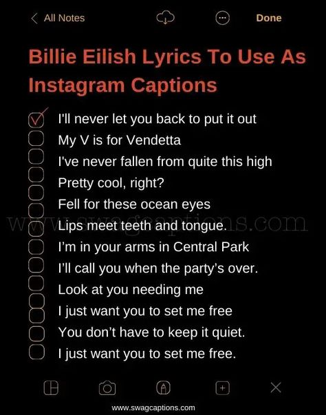 Insta Bio Ideas Song Lyrics, Billie Eilish Instagram Captions, Billie Eilish Lyrics Captions, Billie Eilish Captions For Instagram, Billie Quotes Lyrics, Lyrics Bio For Instagram, Billie Eilish Bio Ideas, Bio Ideas Song Lyrics, Billie Eilish Captions