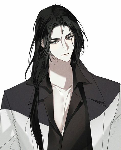 Black Hair Grey Eyes Anime Guy, Most Handsome Anime Characters, Anime Man Long Black Hair, Black Haired Guy Art, Boy Long Hair Drawing, Black Haired Male Character Art, Long Hair Guy Drawing, Character Design Ideas Male, Long Hair Men Anime