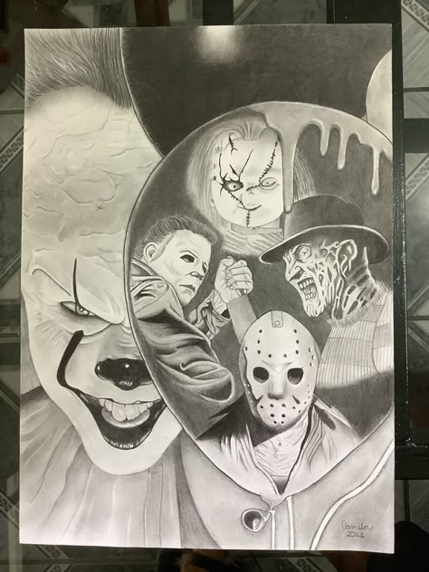 Slasher Movie Drawings, Scary Movie Characters Tattoos, Horror Artwork Drawings Pencil, Drawings Of Chucky, Jason Voorhees Drawing Pencil, Michael Myers Drawing Pencil, Horror Movie Drawings Pencil, Horror Outline, Horror Artwork Drawings