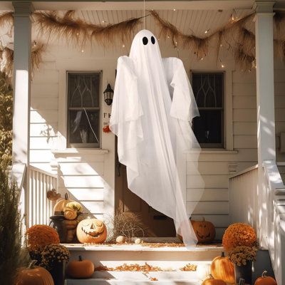 Simple Halloween Decor Outdoor, Light Up Ghost, Ghost Props, Patio Party Decorations, Archway Decor, Halloween Hanging Ghost, Halloween Hanging Decorations, Front Yard Patio, Flying Ghost