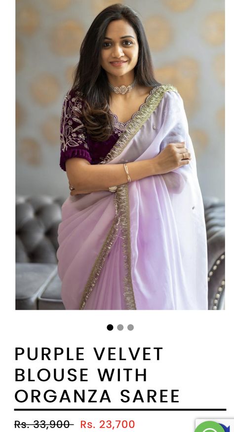 Organza Saree With Velvet Blouse, Velvet Blouse Saree Combination, Shifon Blouse Designs, Onion Colour Saree With Contrast Blouse, Velvet Blouse Patterns Saree, Lavender Silk Saree With Contrast Blouse, Lavender Saree Blouse Combination, Purple Saree Blouse Combination, Lavender Saree Contrast Blouse