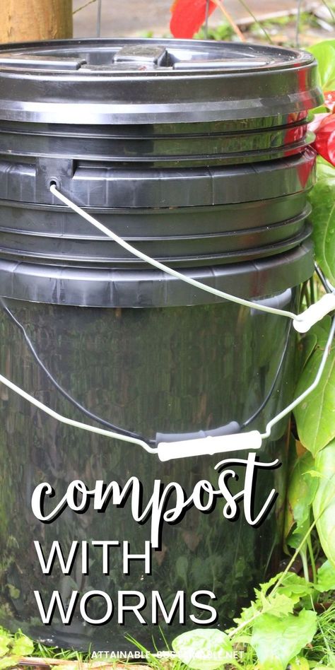 2 stacked black buckets with a lid. Worm Bucket, Worm Composting Bin Diy, Diy Worm Compost Bin, Worm Tower, Bag Worms, Compost Maker, Small Compost Bin, Compost Starter, Worm Farm Diy