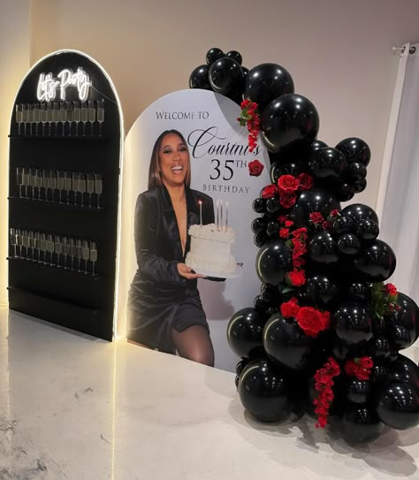 T H I R T Y • F I V E 🌹 SWIPE ➡️ Loved the all black look with red roses 😍 Thankful for the continued support from my loyal clients. ❤️ … | Instagram Red Rose And Black Themed Birthday Party, 45 Bday Party Ideas, 40th Birthday Gala, 23rd Birthday Party Ideas For Women, Black Backdrop With Balloons, Milestone Birthday Ideas For Women, All Black Event Decor, Women Birthday Theme Ideas, Roses Birthday Theme