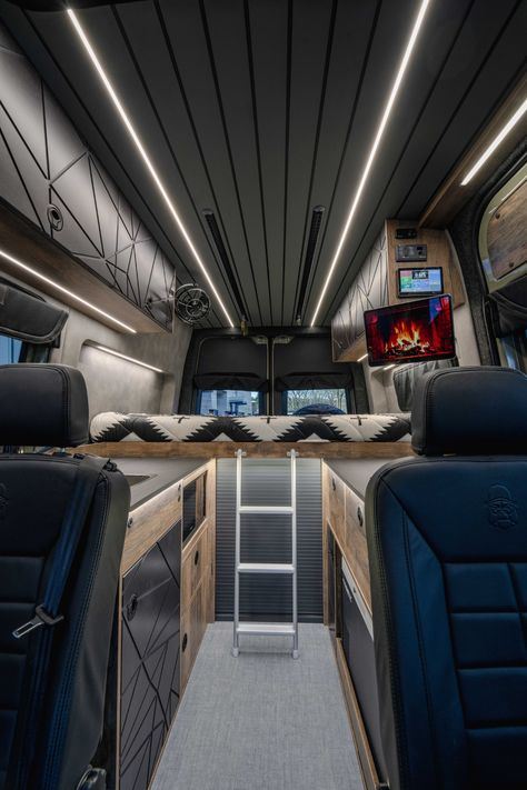 This dark and moody Sprinter van got us hot under the collar. How we feel about Garrick is next level.  Sure, the contrast between the sleek black overhead cabinets complement the warm oak accents, creating a visually stunning and cohesive interior design.   But our van crush on Garrick goes beyond how he looks; we love the heady mix of quality, functionality, attention to detail, and... lightweight materials. In all those aspects, this Sprinter camper excels. Mercedes Sprinter Camper Van, Construction Bedding, Mercedes Sprinter Camper, Sprinter Van Conversion, Adventure Van, Campervan Conversion, Van Conversion Interior, Adventure Campers, Sprinter Camper