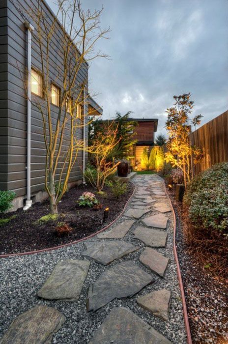 trex walkway ideas #walkwayideas Horizontal Siding, Yard Path, Landscape Yard, Flagstone Path, Walkway Ideas, Landscape Stone, Gravel Garden, Stone Pathway, Easy Landscaping