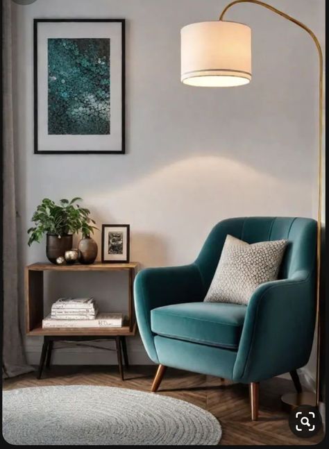 Living Room Corner Inspiration, Reading Sofa Corner, Interior Corner Design, Hallway Chair Ideas, Office Reading Corner, Home Office Sitting Area, Reading Nook Chair Cozy Corner, Decorating A Corner Space In Living Room, Reading Corner Bedroom Adult