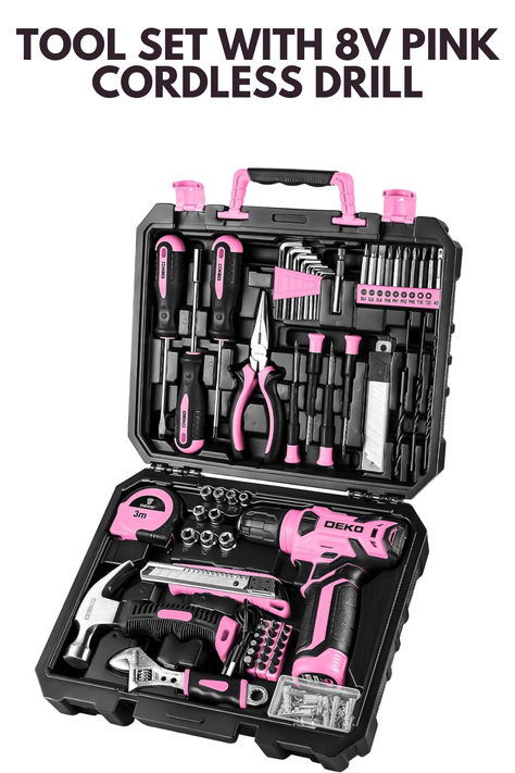 Lightweight Pink Cordless Drill】The 8V drill set can be used for drilling in wood and plastic, and tightening/loosening screws.Press the switch to adjust the speed of the electric drill, the maximum no-load speed of the mini drill is 800r/min. The net weight of the hand drill is only 1.65 pounds, and it is easy to operate with one hand. Pink Tool Box, Pink Tool Set, Pink Tools, Hand Tool Kit, Drill Set, Hand Tool Sets, Pink Power, Electric Screwdriver, Tool Kits