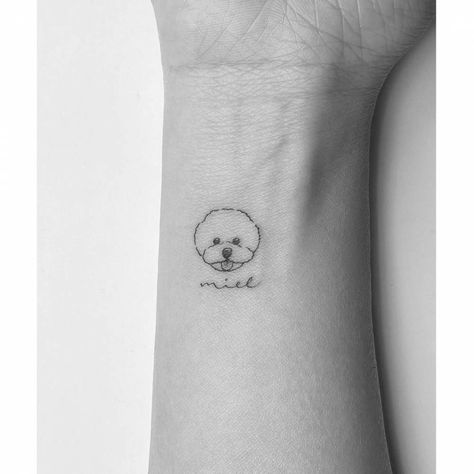 Minimalist dog portrait tattoo on the wrist. Wrist Dog Tattoos For Women, Dog Wrist Tattoo, Mini Dog Tattoo, Maltipoo Tattoo, Bichon Tattoo, Minimalistic Dog Tattoo, Bichon Frise Tattoo, Tattoo Dog Minimalist, Dog Fine Line Tattoo