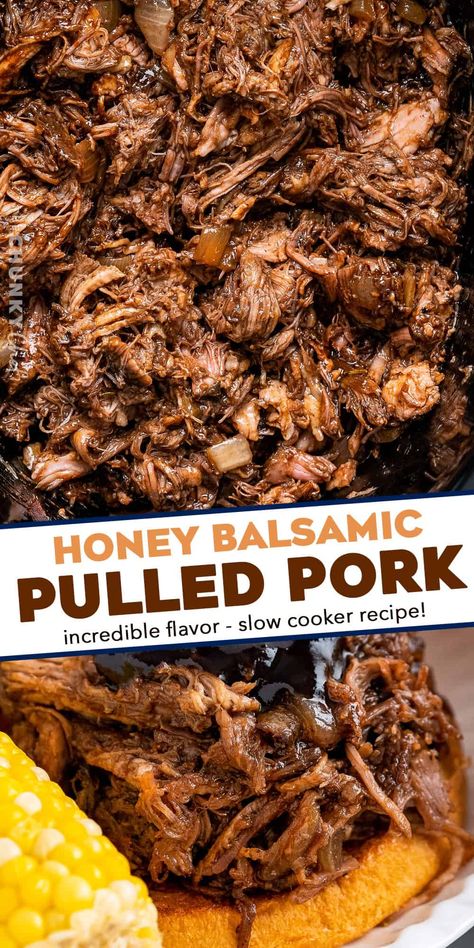 Honey Balsamic Pulled Pork - The Chunky Chef Pulled Pork From Pork Chops, Savory Pulled Pork, Sauce For Pulled Pork, Pulled Pork Loin, Pulled Meat Recipes, Honey Pulled Pork, Balsamic Pulled Pork, Best Pulled Pork, Honey Garlic Pulled Pork