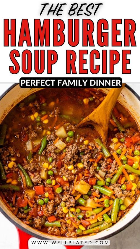 Loaded with ground beef, potatoes, vegetables, and melty cheese, this easy hamburger soup recipe will be a hit with the entire family! Tomato Based Soup, Hamburger Soup Recipe, Healthy Hamburger, Hamburger Vegetable Soup, Beef Soup Recipes, Soup With Ground Beef, Veg Soup, Hamburger Soup, Vegetable Beef Soup