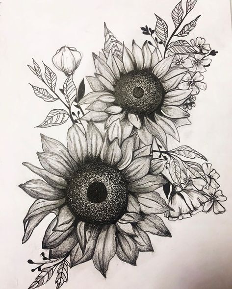 Sunflowers 🌻 ... Sunflower Nature Tattoo, Skull And Sunflower Drawing, Spooky Sunflower Tattoo, Dark Sunflower Tattoo, Sunflower Tattoo Sketch, Sunflower Tattoo Design Drawings, Sunflower Design Drawing, Unique Sunflower Tattoos For Women, Sunflower Tattoo Stencil