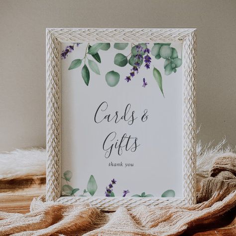 $11.00 | Rustic Lavender & Eucalyptus Cards and Gifts Sign #elegant baby shower sign, rustic lavender table sign, floral cards and gifts sign, simple bridal shower sign, eucalyptus leaves wedding reception sign, green and purple, lavender greenery birthday party sign, boho spring summer garden k082, watercolor flower plant, outdoor botanical wildflower Lavender Wedding Reception Decorations, Lavender Bridal Shower Ideas, Greenery Birthday Party, Bridal Shower Decorations Purple, Greenery Birthday, Eucalyptus Leaves Wedding, Green Bridal Showers, Purple Bridal Shower, Cards And Gifts Sign