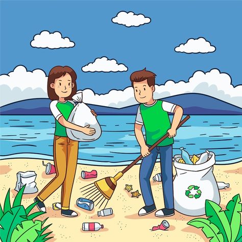 Free Vector | Volunteers cleaning up trash on the beach Cleanliness Drawing, Kids Drawing Projects, تلوث المياه, Pencemaran Air, Cleaning Drawing, Save Earth Drawing, Earth Day Drawing, Drawing Themes, Earth Drawings