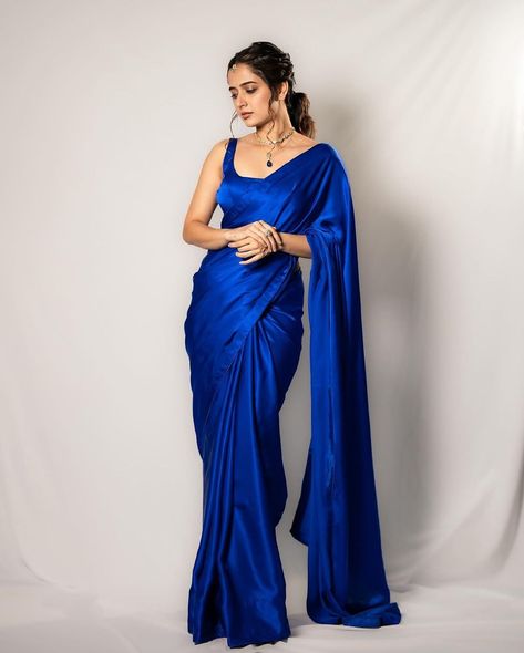 Blue Satin Saree, Satin Silk Saree, Satin Saree, Satin Silk, Blue Satin, Silk Saree, Western Fashion, Saree, Satin