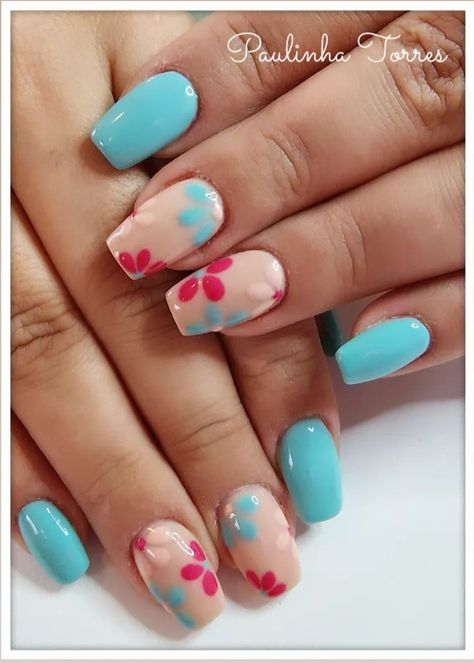 Turquoise And Pink Nails Designs, Peach And Teal Nails, Turquoise And Peach Nails, Turquoise And Pink Nails, Turquoise Flower Nails, Nails Inspiration Blue, Turquoise Nail Art, Turquoise Nail Designs, Peach Nails