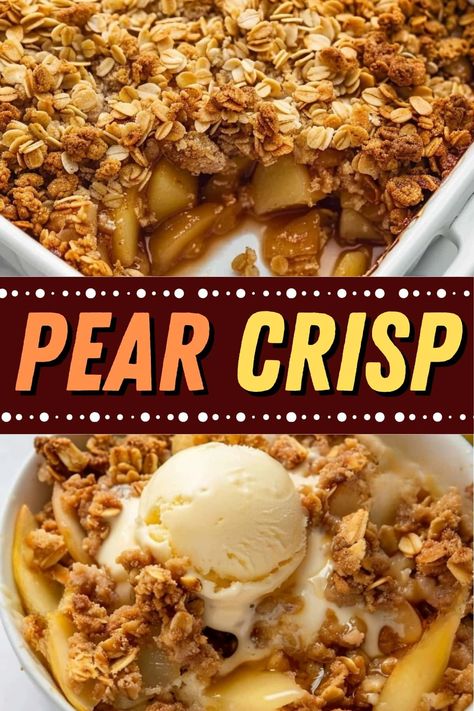 This pear crisp recipe has the perfect balance of tender, juicy spiced pears and a crispy, nutty oat topping. It's easy to make with simple ingredients. Easy Pear Crumble, Baking With Pears Dessert Recipes, Hot Pear Dessert, Peaches And Pears Recipes, Pear Food Ideas, Fresh Pears What To Do With Healthy, Pear Apple Crisp Easy Recipes, Baked Pear Recipes Easy, Fresh Pear Crisp Recipe