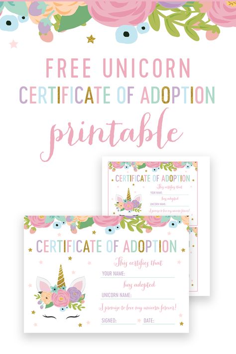 How sweet is this Free Unicorn Adoption Certificate! Combine it with our matching Free Adopt a Unicorn Sign! Unicorn Adoption Certificate Free, Unicorn Adoption Party, Adopt A Unicorn Party Favor, Unicorn Birthday Printables, Adopt A Unicorn, Certificate Of Adoption, Unicorn Sign, Birthday Certificate, Rainbow Unicorn Birthday Party