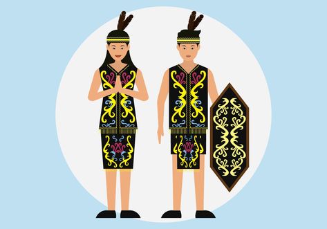 Dayak Couple Senior High School Uniform, West Kalimantan, Abstract Geometric Art Print, Indonesian Flag, Dress Vector, High School Uniform, Outline Illustration, Senior High School, Fashion Design Collection