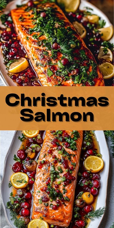 Make your holiday feast memorable with this delicious Christmas Salmon recipe! Tender, flaky salmon baked with a festive blend of herbs and spices, perfect for Christmas dinner or any holiday occasion. Simple, healthy, and full of flavor, this dish is sure to impress your guests and brighten up your table. 🎄🐟 #ChristmasSalmon #HolidayDinner #ChristmasRecipes #HealthyChristmas #SalmonRecipe #FestiveMeals #ChristmasFood Salmon Pecan Crusted, Christmas Eve Salmon Dinner, Cozy Salmon Recipes, Christmas Baked Salmon, Christmas Tree Salmon, Salmon Pomegranate Recipes, Cranberry Salmon Recipes, Pomegranate Salmon Recipes, Christmas Eve Salmon Recipe