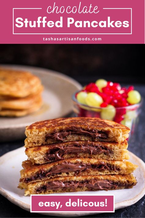 These Chocolate Stuffed Pancakes are a happy indulgence. They are light, fluffy and of course super chocolatey - filled with chocolate almond butter. The pancake recipe is a keeper! Chocolate Stuffed Pancakes, Stuffed Pancakes, Chocolate Almond Butter, Healthy Waffles, Waffles Easy, Pancake Breakfast, Tasty Pancakes, Pancakes Easy, Chocolate Almond