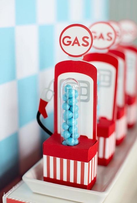 Vintage Gas Pump Candy Tube Favors from a Vintage Grand Prix Birthday Party on Kara's Party Ideas | KarasPartyIdeas.com (17) Vintage Car Party Ideas, Grand Prix Birthday Theme, Grand Three Birthday, 1st Race Car Birthday Parties, Vintage Race Car Party Favors, Car Party Favors Ideas, Two Fast Birthday Blue, Vintage Grand Prix Birthday Party, Vintage Race Car Birthday Party Ideas