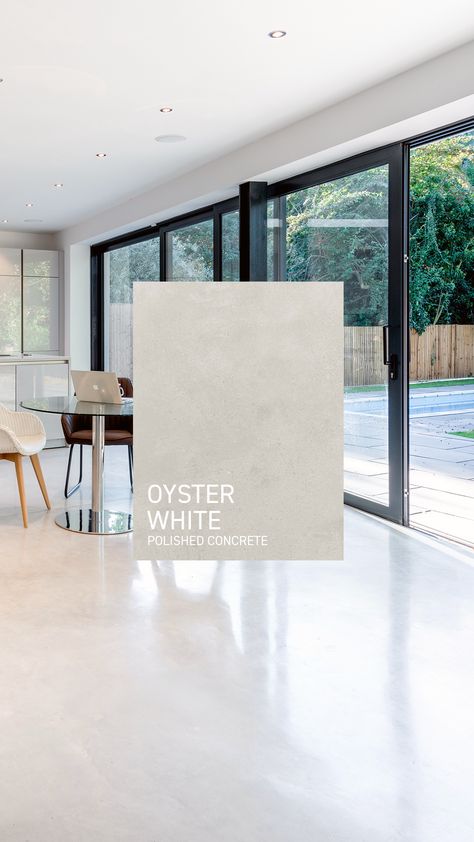 Oyster White just oozes luxury. Stylish and welcoming, this iconic polished concrete colour makes a stunning first impression for any space and it’s ideal where reflected light is needed for brightness. Quintessentially contemporary, it works well with a wide range of complementary tones, such as wood and steel. / #architecture #interiordesign #homeideas Modern Concrete Flooring, White Concrete Floors Outdoor, Light Cement Floor, Modern Contemporary Flooring, Polished Concrete Floor Interior Design, White Concrete Flooring, Polished White Concrete Floors, Polished Concrete Floor Ideas, Off White Concrete Floors