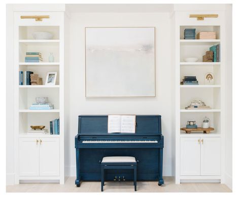 Artwork Over Piano, Piano Room Library, Desk And Piano Room, Cabinets Around Piano, Bookshelves With Piano, Piano Bookshelf Wall, Piano In Office Room, Piano Feature Wall, Piano Bookcase Wall