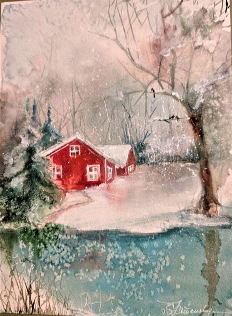 Acrylic Painting Winter, Trees Watercolor Painting, Sweden Winter, Sweden Christmas, Trees Watercolor, Snow Trees, Sweden House, Tree Watercolor Painting, Winter Landscape Painting