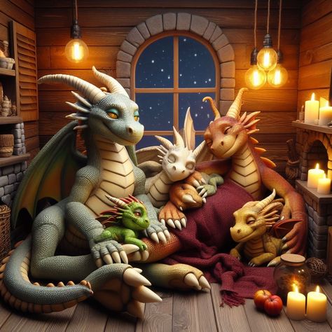 A dragon family resting, home, cozy atmosphere, candles. New Year picture. Generated by AI. Follow for more: @lesonnelemonne Randal Spangler, Dragon Lore, Dog Drawing Simple, Steampunk Dragon, Baby Dragons, Fantasy Wallpaper, Dragon Family, Dragon Dreaming, Foodie Art