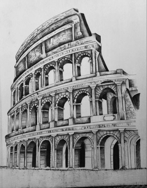 Rome Buildings Drawing, Roman Architecture Drawing Easy, Italian Buildings Drawing, Roman Empire Drawing, Rome Architecture Drawing, Colloseum Drawing Architecture, Historical Monuments Drawing, Colleseum Rome Tattoo, Monuments Sketches