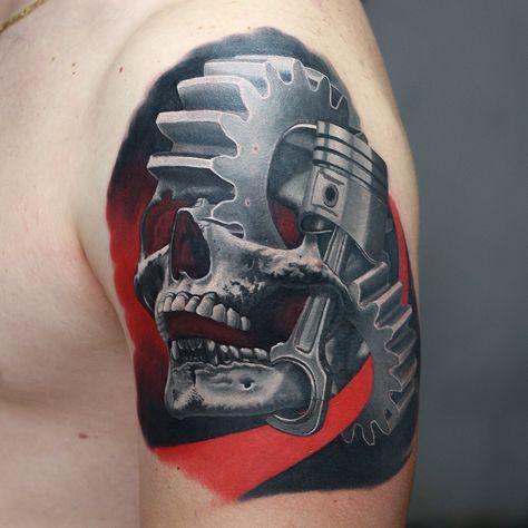 Motor Head Tattoos, Skull Piston Tattoo, Cogs Tattoo, Gear Head Tattoo, Biker Tattoos Designs, Piston Tattoo, Engine Tattoo, Shoulder And Arm Tattoo, Robot Tattoo