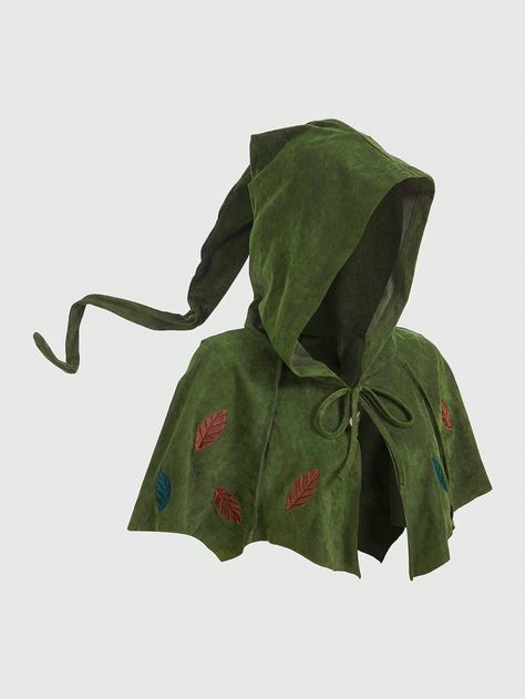 Leaf Embroidery Crop Costume Hooded Cape Army Green Casual  Short Sleeve Suedette Plants  Slight Stretch  Women Clothing, size features are:Bust: ,Length: ,Sleeve Length: Robin Hood Kostüm, Mantel Cape, Medieval Cloak, Wizard Costume, Hooded Cape, Cape Coat, Robin Hood, Cloak, Costume Design