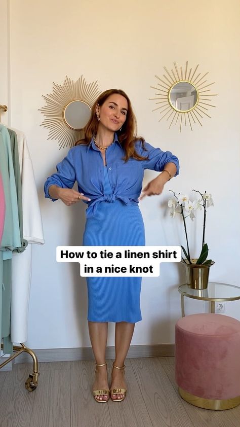 Tied Linen Shirt Outfit, Button Down Shirt Over Dress, Linen Shirt Work Outfit Women, How To Tie A Shirt Knot Over A Dress, Tie Knot Shirt Outfits Women, Linen Shirt Work Outfit, Navy Linen Shirt Outfit Women, Knotted Shirt Over Dress, Linen Shirt Over Dress