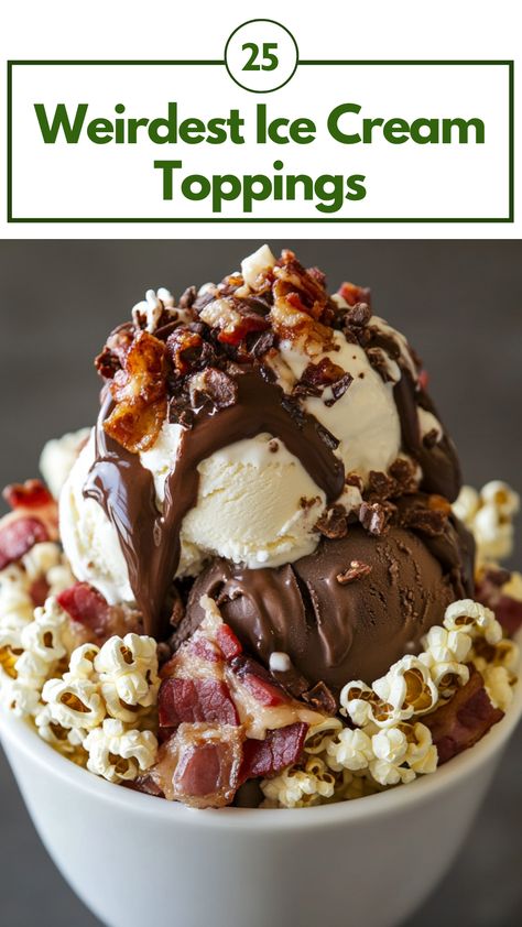 A bowl of ice cream topped with unexpected and quirky toppings like bacon, popcorn, and wasabi, showcasing unique and surprising flavor combinations. Wasabi Ice Cream, Bacon Popcorn, Edible Lavender, Dark Chocolate Ice Cream, Candied Lemon Peel, Milk Ice Cream, Candied Lemons, Cocoa Nibs, Caramel Corn