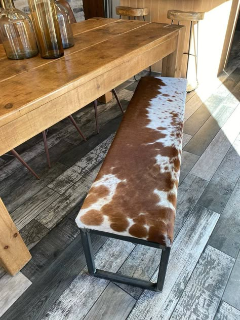 Cowhide Upholstery, Industrial Seating, Modern Dining Bench, Cowhide Bench, Cowhide Decor, Steel Bar Stools, Cowhide Ottoman, Cowhide Chair, Cowhide Furniture