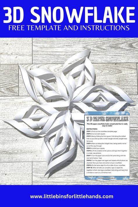 3D Paper Snowflakes: Printable Template - Little Bins for Little Hands Easy Snowflake Cutouts For Kids, 3d Paper Snowflakes Templates, 3d Snowflake Template, 3d Snowflakes How To Make, Diy Paper Snowflakes Pattern, Snowflakes Printable, Printable Snowflake Template, Paper Snowflake Template, 3d Paper Snowflakes