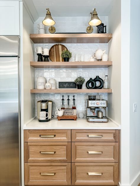 Open Shelving Coffee Station, Coffee Bar Next To Refrigerator, Kitchen Drink Fridge, Coffee Nook Built In, Drink Station Kitchen Beverage Center, Starbucks Inspired Kitchen, Kitchen Open Shelving Coffee Bar, Pantry Turned Coffee Bar, Drink Station In Kitchen