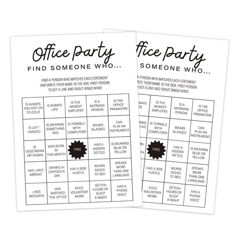 PRICES MAY VARY. Set Includes: 30 game cards. Simple and easy to play office party game. Size: Each sheet is generously sized to 7" high x 5" wide. Superior Quality: Printed on thick, durable cardstock that's easy to write on and recyclable, give your colleagues a great gaming experience. Wide Application: Suitable for office parties, work parties, team building, staff activities, make your party full of laughter. Risk-Free Purchase: Your satisfaction is our goal, if you are not satisfied with o Staff Party Games Christmas, Office Games Ideas, Staff Party Games, Find Someone Who Game, Staff Activities, Work Pranks, Work Party Games, Employee Wellness Programs, Office Party Games