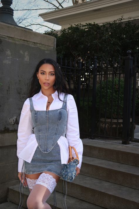 outfit inspo, denim corset, lace tights, designer bag, pose inspo, spring outfit, spring outfit inspo, spring 2024 outfit  follow for more on IG -- instagram.com/jamieegabrielle Denim Corset Outfit, Corset And Skirt Outfits, Corset Top Outfit, Corset Outfits, Corset And Skirt, Outfit Inspo Spring, White Corset Top, Corset Outfit, Lace Tights