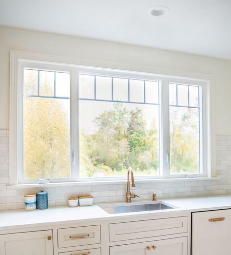 Awning Windows | Casement Windows Picture Window Above Sink, Picture Window With Casement Windows, Split Level Windows, White Casement Windows, Large Windows In Kitchen, Awning Windows Kitchen, Long Kitchen Window, Windows Over Kitchen Sink, Casement Windows Kitchen