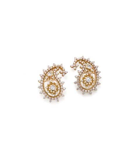 Ganjam’s Paisley collection gold earrings studded with diamonds. Bollywood Style Gold Earrings With Intricate Design, Ganjam Jewellery, Yellow Gold Bollywood Earrings With Intricate Design, Ornate Yellow Gold Earrings For Diwali, Gold Filigree Bollywood Earrings, Paisley Jewelry, Jewellery Designing, Leaf Earrings Stud, Indian Mango