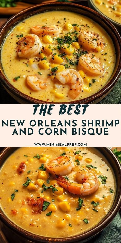 This rich and creamy shrimp and corn bisque is a New Orleans favorite, combining succulent shrimp, sweet corn, and Cajun spices for a comforting bowl of Southern warmth. New Orleans Soup, Cajun Shrimp And Corn Soup Louisiana, Shrimp And Grits With Corn, Crawfish Corn Bisque, Crawfish And Corn Chowder, Cajun Shrimp Soup, Shrimp And Corn Soup Louisiana, Shrimp Bisque Soup, Shrimp And Corn Bisque