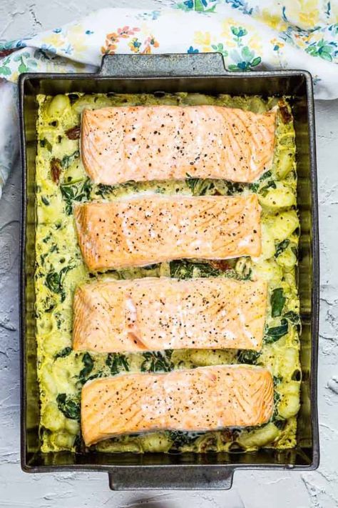 Salmon Gnocchi Bake - Cook What You Love Salmon Gnocchi, Pasta Salad Salmon, Gnocchi Bake, Vegetarian Holiday Recipes, Casserole Side Dishes, Baked Gnocchi, Salmon Pasta, Tuscan Inspired, Appetizer Salads