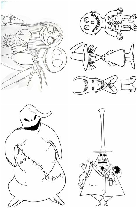 Jack Skellington, Sally, Lock, Shock, Barrel, Oogie Boogie, Mayor Sally Flash Tattoo, Jake Skellington Tattoo, Simple Jack And Sally Tattoo, Oogie Boogie Coloring Page, Shock Lock And Barrel Drawing, Nightmare Before Christmas Illustration, Oogie Boogie Tattoo Outline, Cute Nightmare Before Christmas Tattoo, Jack Skellington Tattoo Stencil